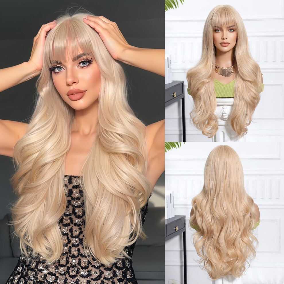 Long Blonde Wig with Bangs 26 Inches Wavy Synthetic Wig for Women
