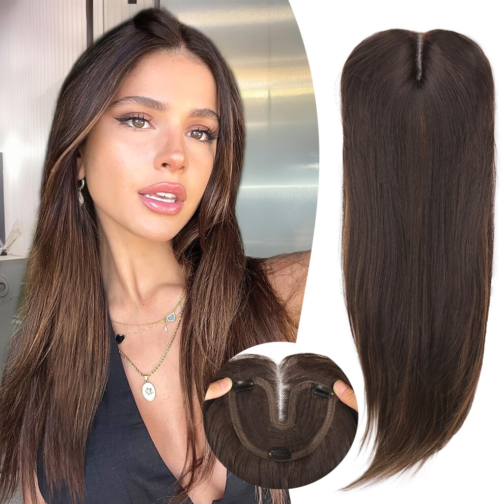 Unisex Brown Hair Topper For Women 24 Inch Balayage Dark To Chestnut Synthetic Clipin With Bangs For Thinning Hair