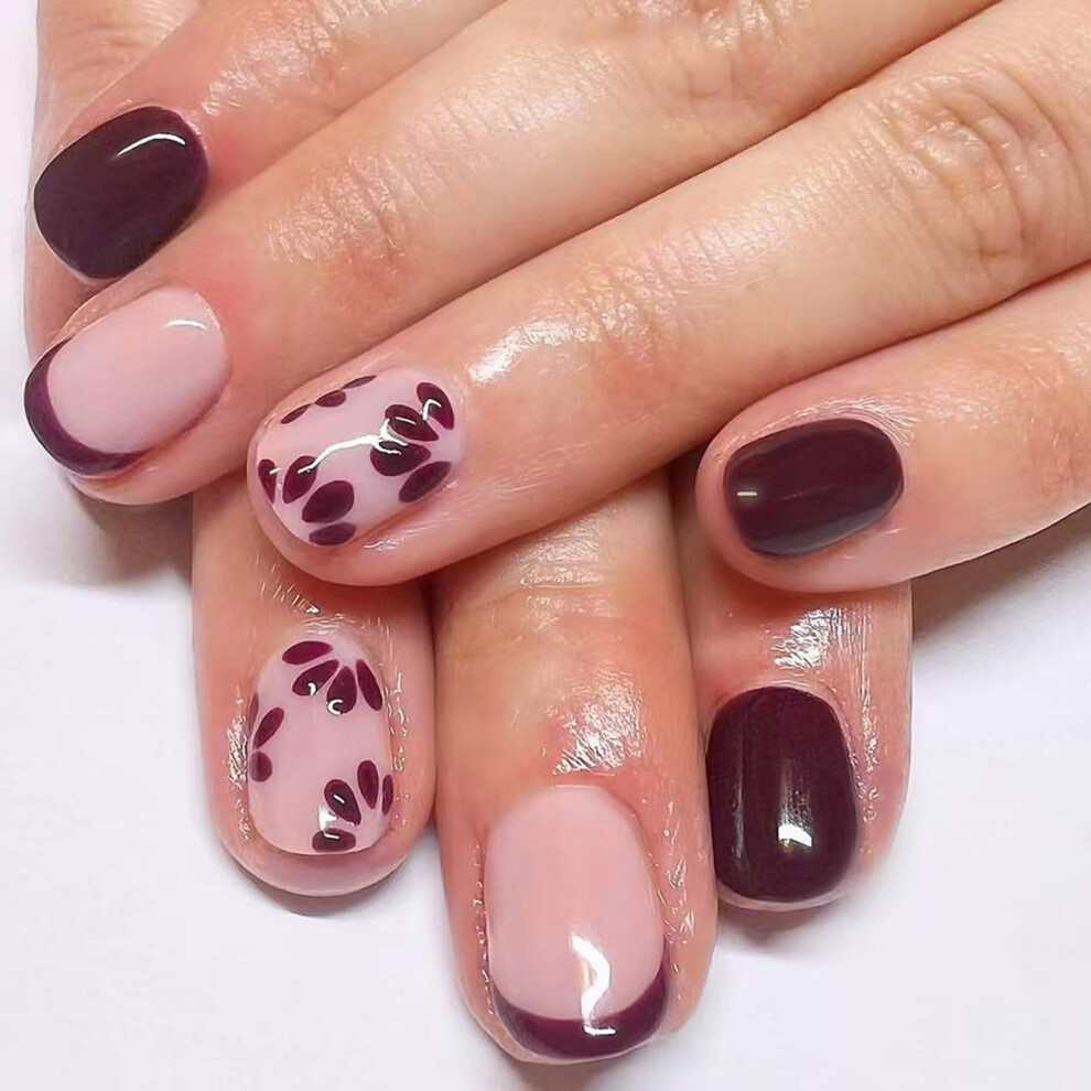 24 Pcs Short Round Press On Nails with Glossy Floral French Tips, Easy Artificial Nails for Party