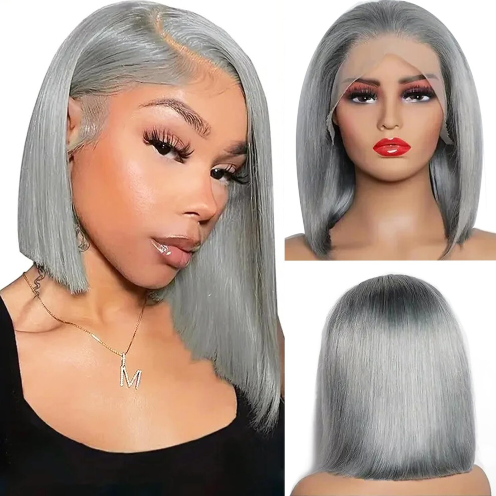 Unisex Silver,Grey Human Hair Lace Front Wig 13X4 Glueless Short Bob Silver Grey, Pre Plucked 180% Density