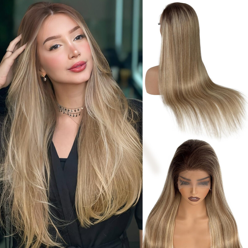 Unisex Brown 20 Inch Human Hair Lace Front Wig Balayage Blonde With Ash Highlights Preplucked 13X4 Hd