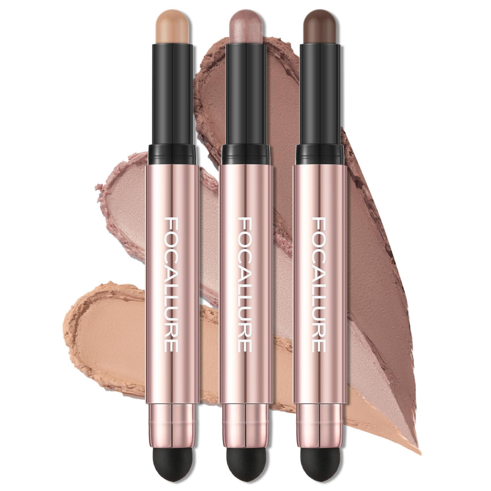 3 Pcs No Crease Eyeshadow Stick Set Shimmer and Matte Cream Eyeshadow with Brush