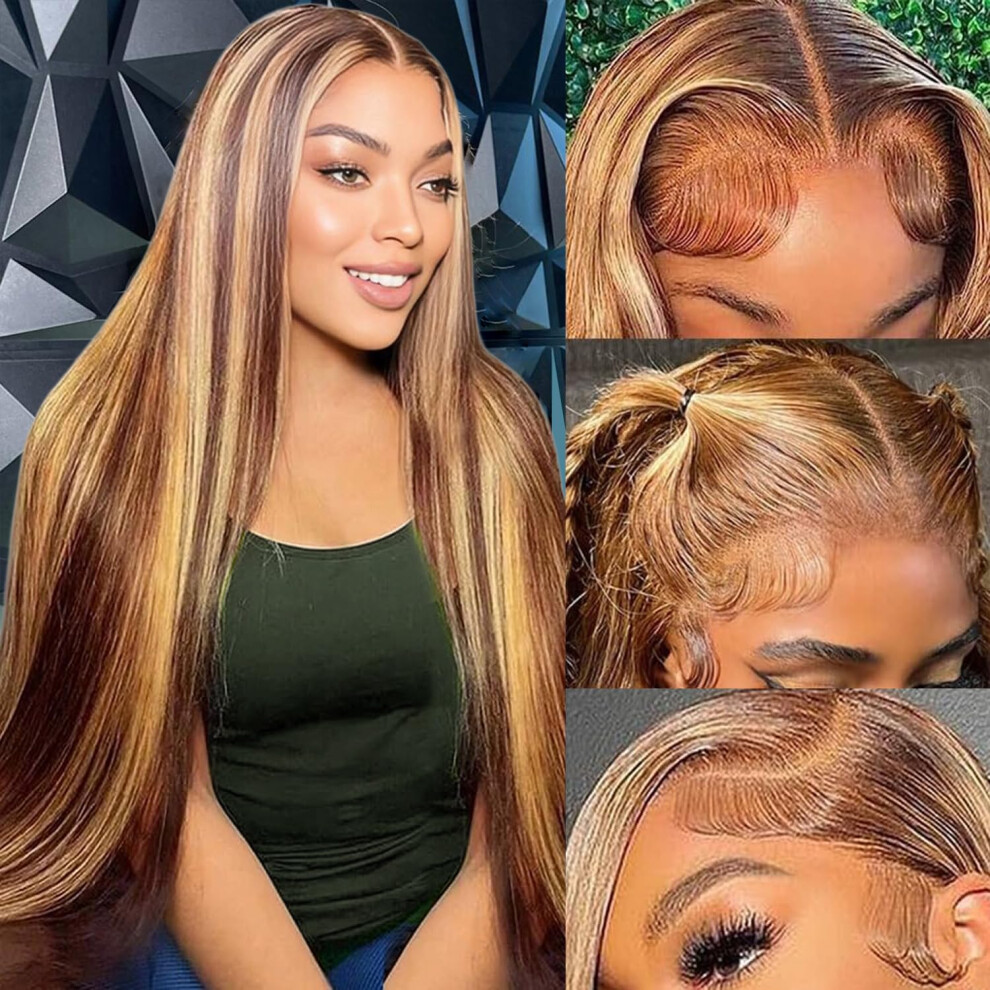Unisex 30 Inch Honey Blonde Ombre 13X6 Hd Lace Front Wig Human Hair 200% Density Preplucked Hairline