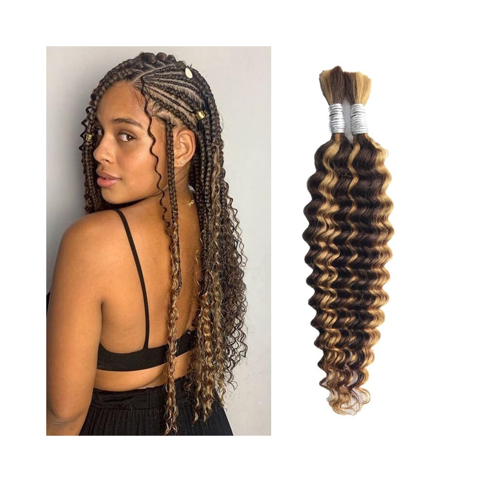 Human Braiding Hair Balayage P4/27 Deep Wave Extensions 16 Inch 12A Virgin Bulk for Boho Braids 2 Bundles