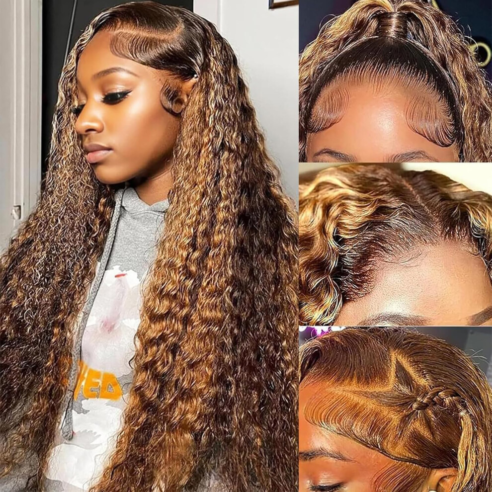 Unisex 26 Inch Honey Blonde Curly Hd Lace Front Wig Human Hair 13X6 Highlight Ombre 180 Density