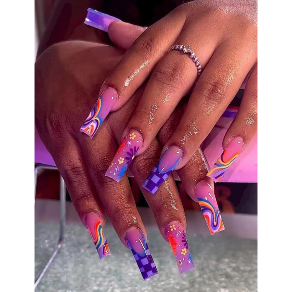 Long Coffin Press On Nails Set 24pcs Glossy Coffin Shape Fake Nails Long Lasting Hold Multiple Sizes
