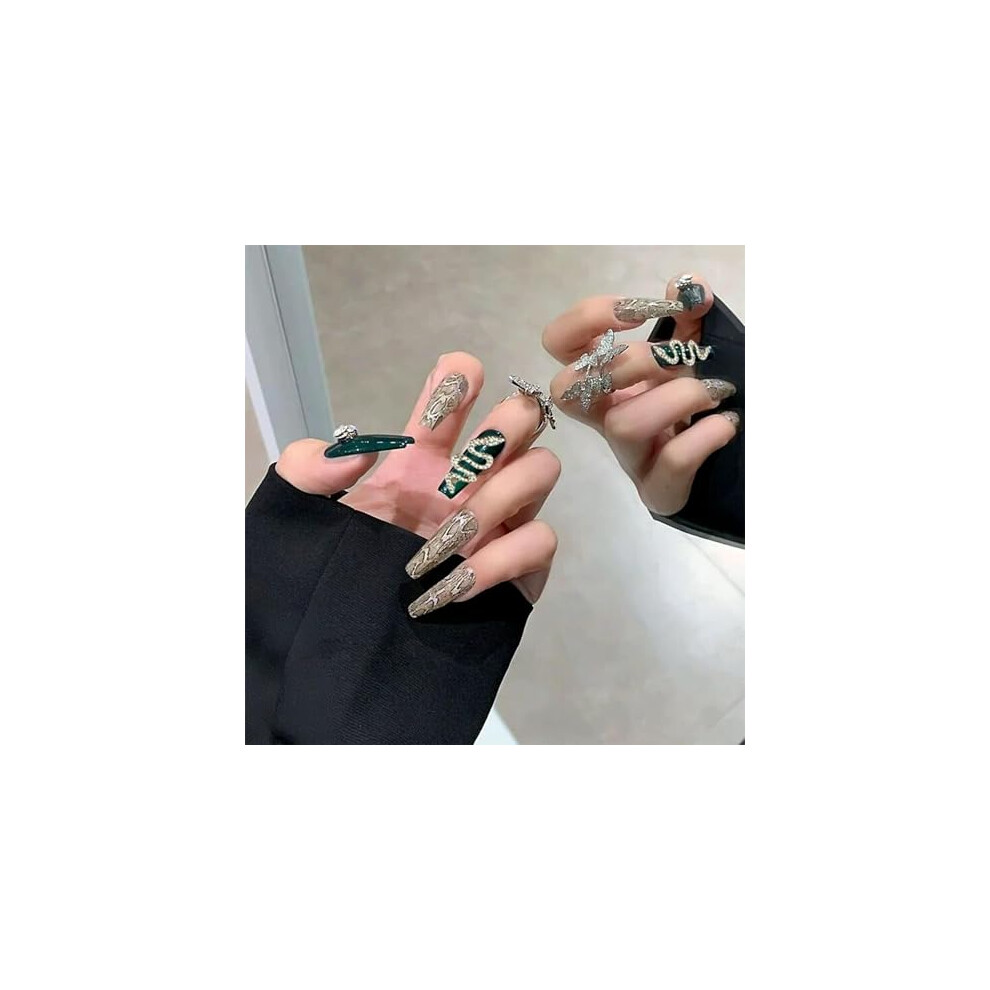 Green Long Square Press On Nails With Rhinestones Reusable Fake Nails For Women 24Pcs