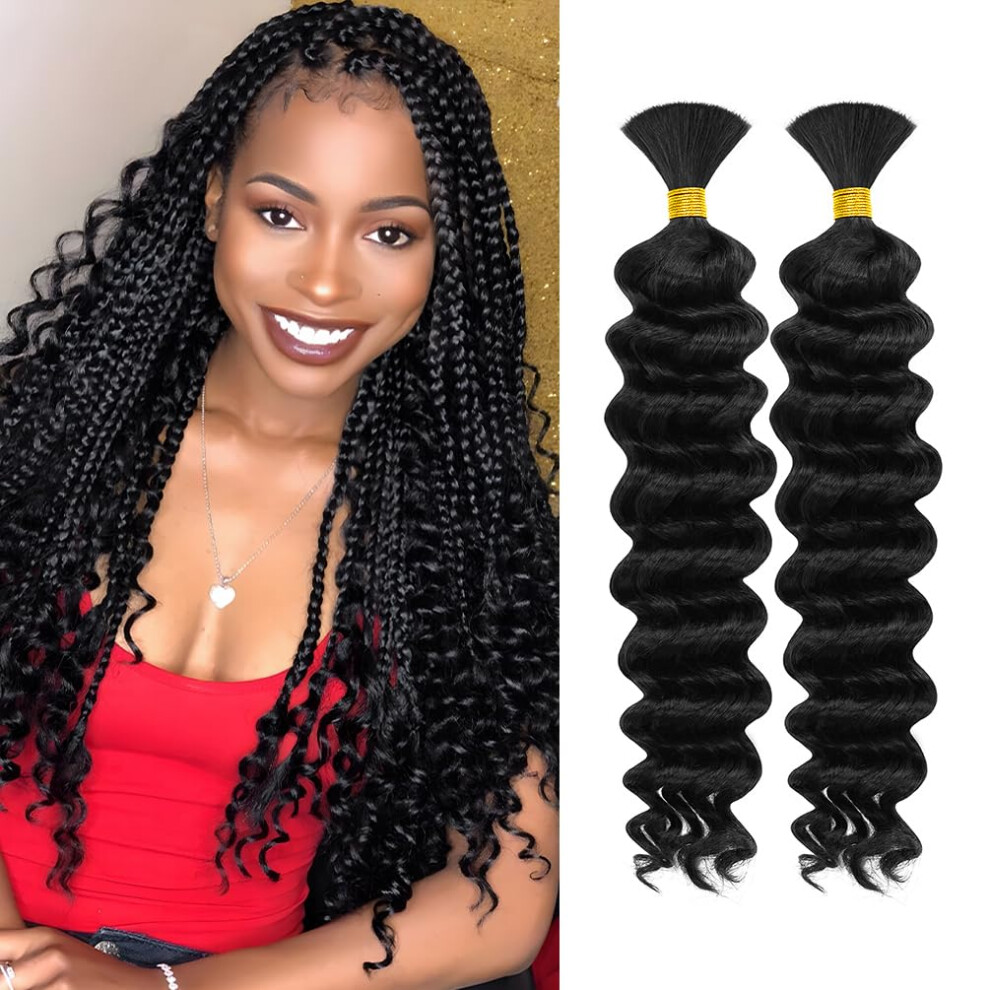 Unisex 18 Inch Deep Wave Human Braiding Hair Extensions, 2 Bundles Virgin Brazilian Bulk For Boho Knotless Braids