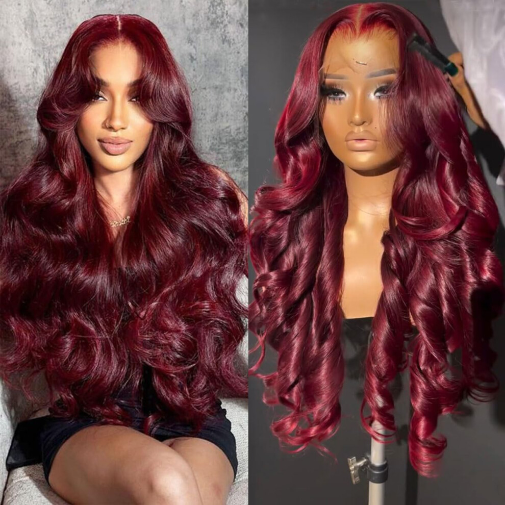 99J Burgundy 13x6 HD Lace Front Wig Human Hair Body Wave PrePlucked 200% Density 24 Inch