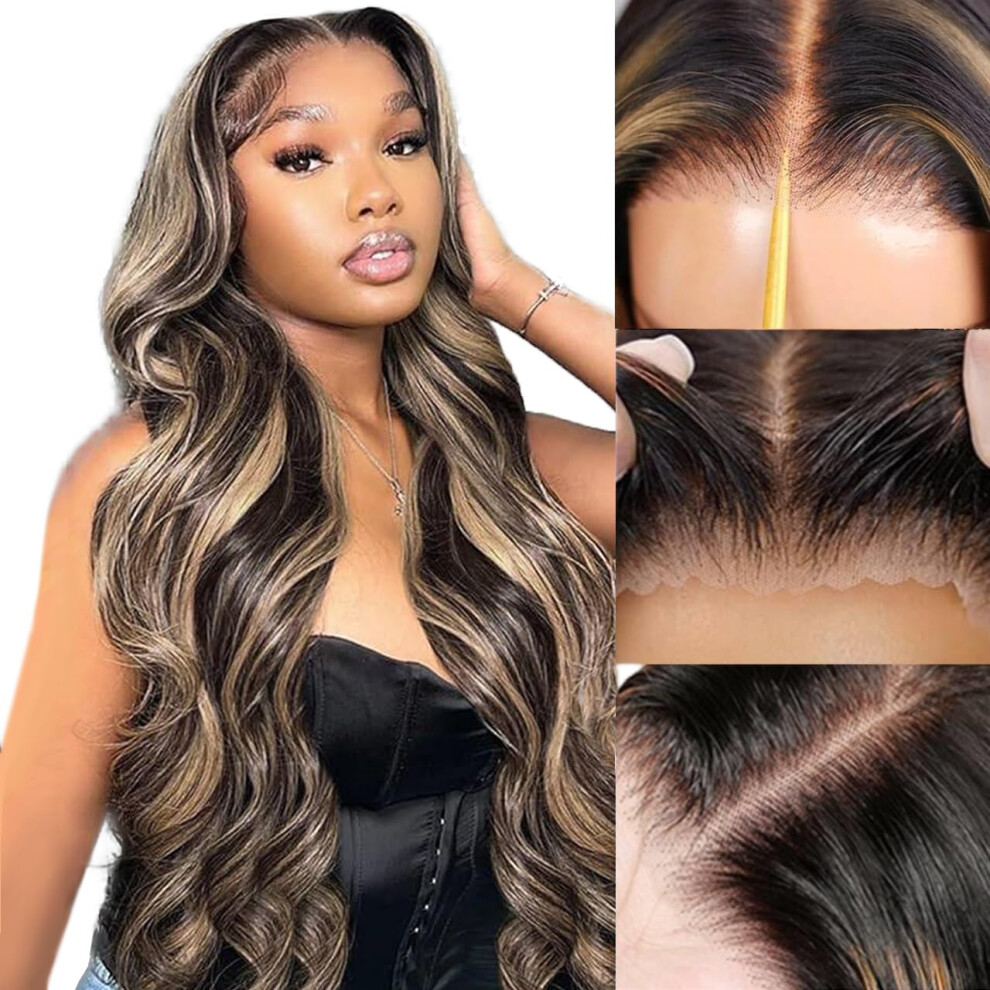 Unisex 30 Inch Human Hair Lace Front Wig Ombre Body Wave 1B/27 Highlight Glueless Pre Plucked