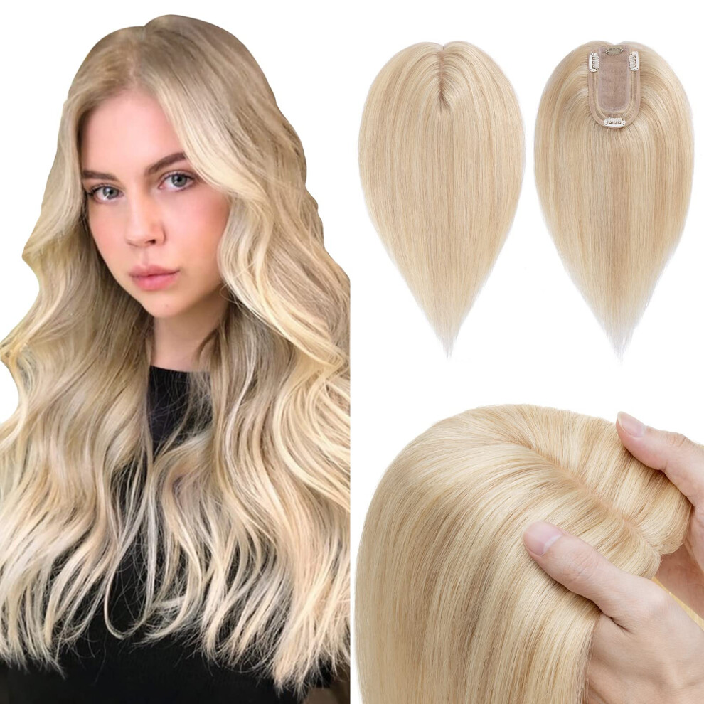 Unisex Human Hair Topper For Women Ash Blonde 10 Inch Silk Base Clipin Hairpiece For Thinning Hair