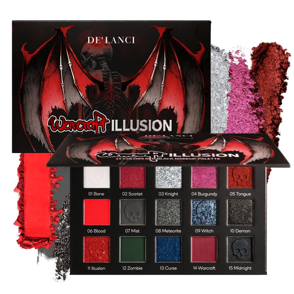 Black,Red Goth Eyeshadow Palette With 15 Pigment Red And Black Shades, Vegan Cruelty Halloween Makeup