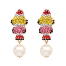 Crystal Pearl Stud Earrings Featuring Fish Bone Design Vintage Gold Sparkly Crystal Colorful Rhinestone Animal Design Creative Exaggerated Hypoallerge