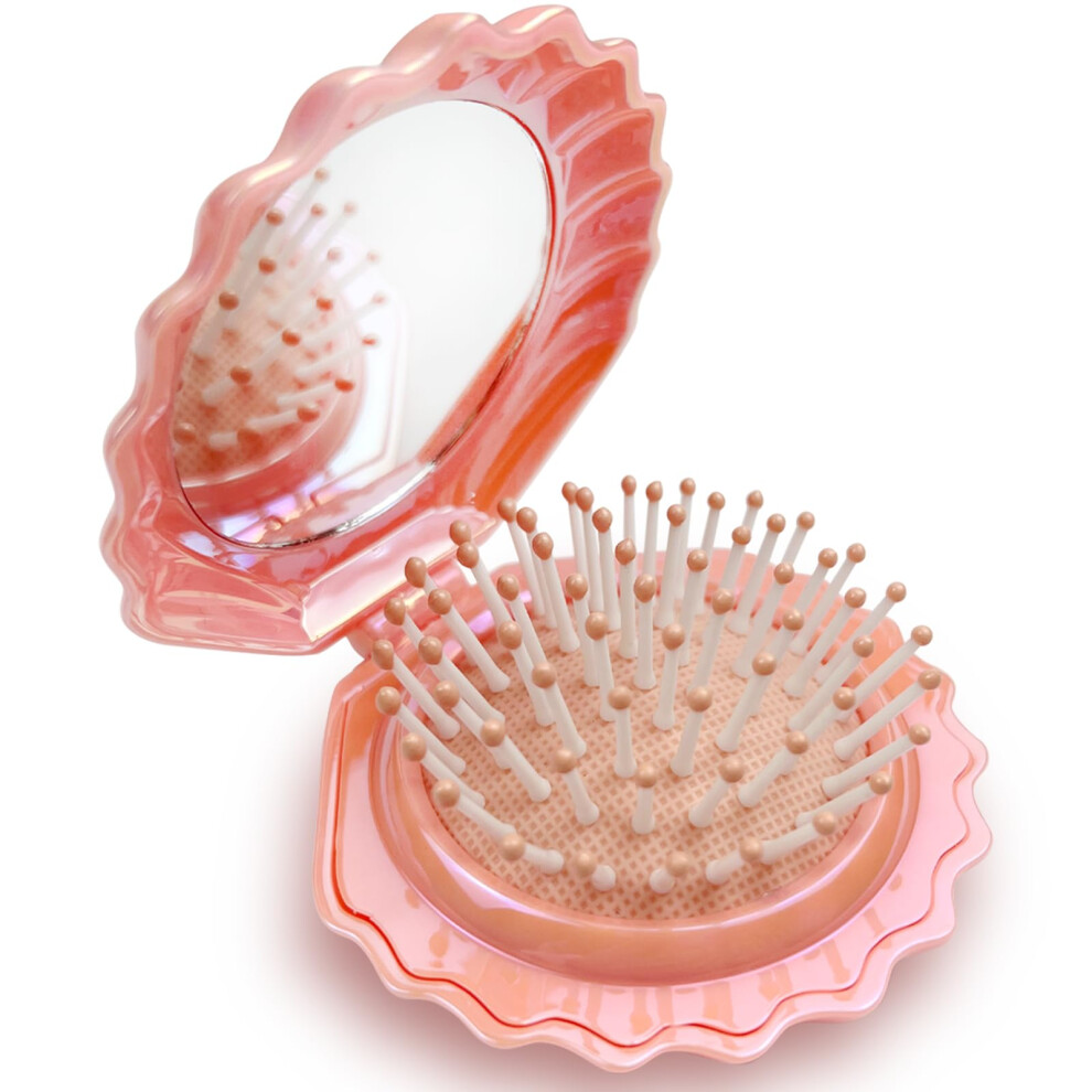 Travel Hairbrush with Mirror, Foldable Shell Design, Compact Pocket Comb for All Hair Types