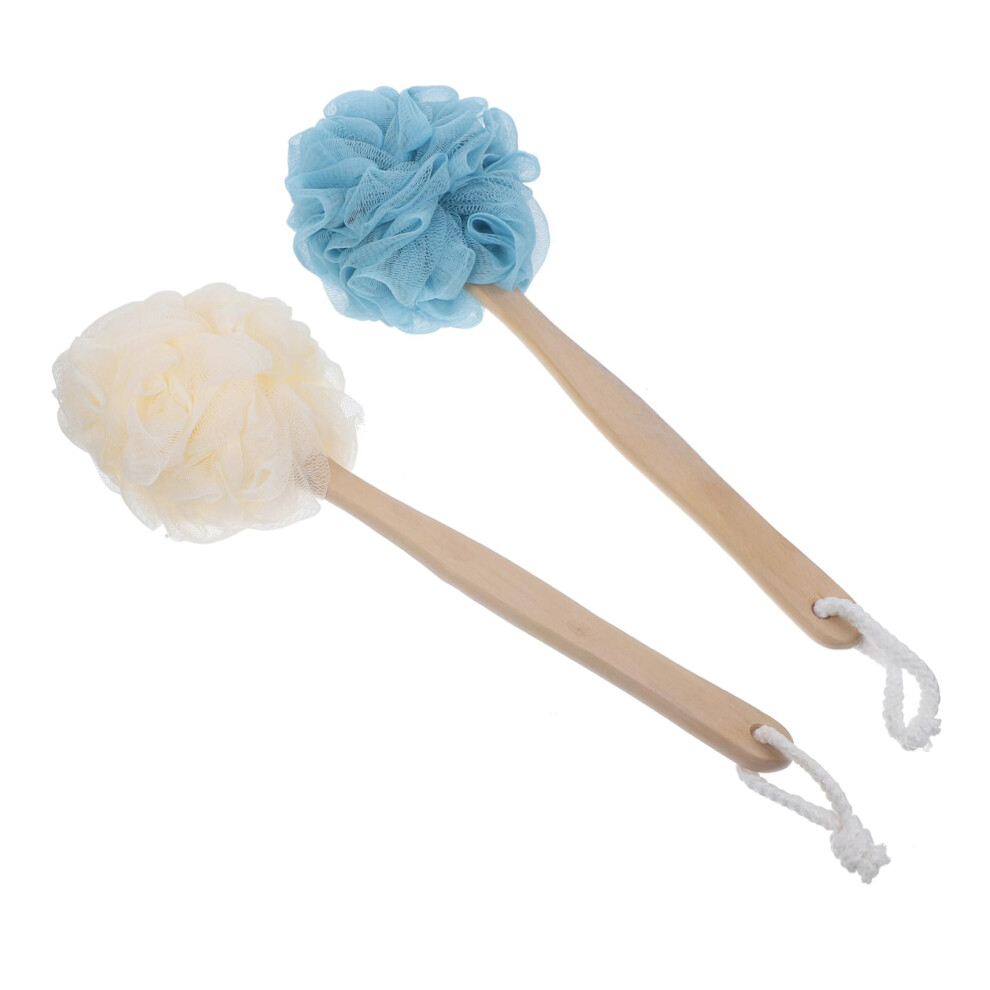 2pcs Long Handle Bath Brush and Back Scrubber, Soft Mesh Exfoliator with Wooden Grip for Shower