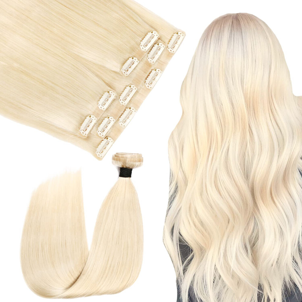 Unisex Silver Platinum Blonde Clip In Human Hair Extensions 14 Inch Seamless Real Hair For Instant Volume Boost