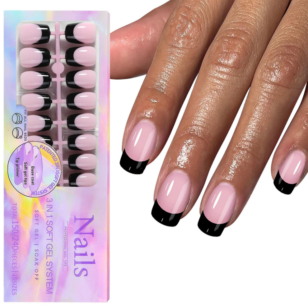 Black 150Pcs French Tip Press On Nails Short Coffin Acrylic Set For Instant Salon Look