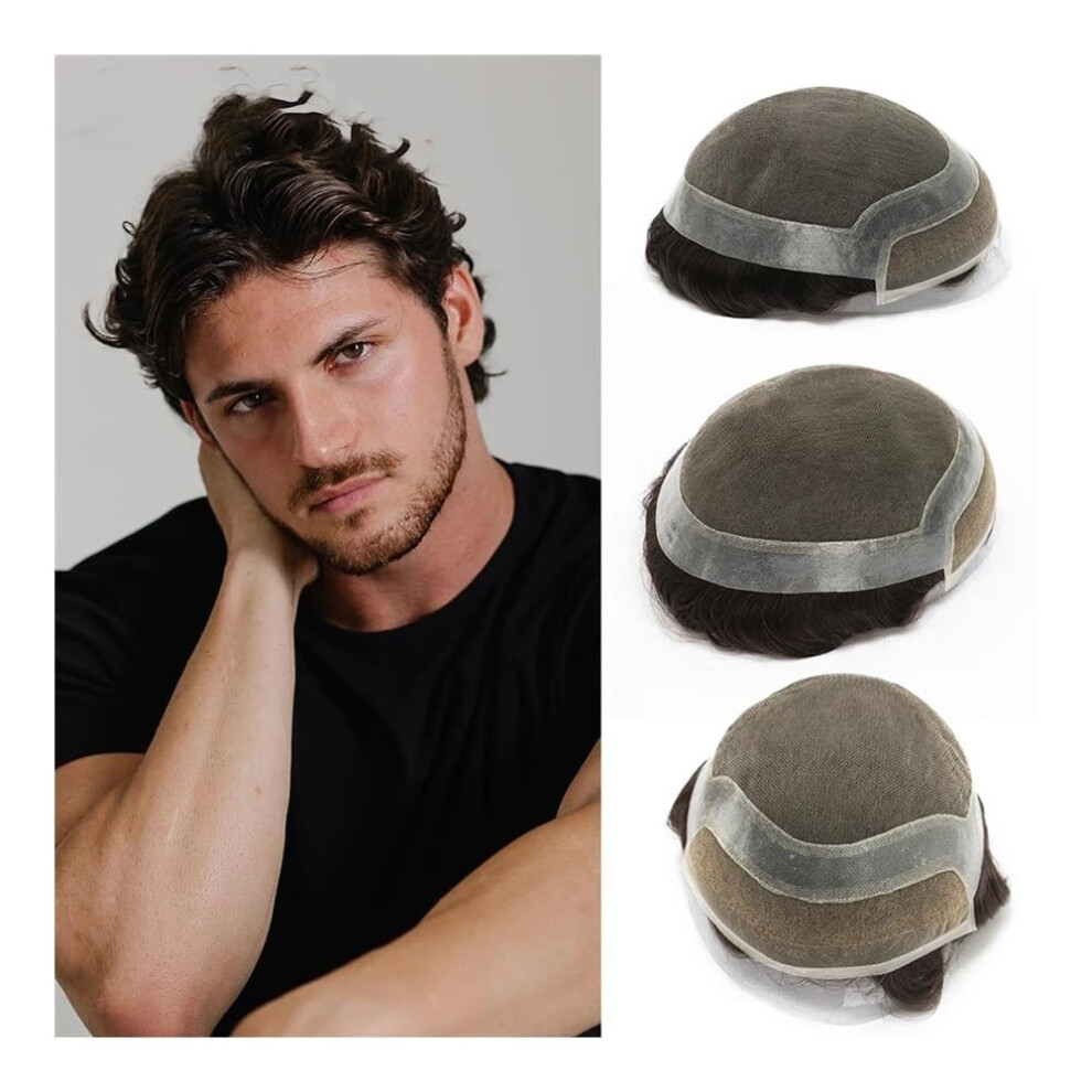Unisex Brown Men's Toupee Swiss Lace Front Darkest 7X9 Indian Remy Human Hair Wig For Men