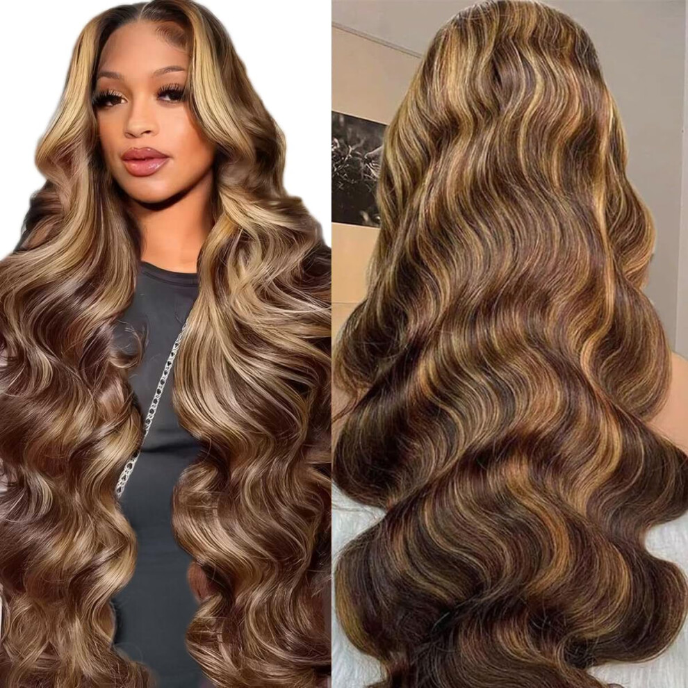 Unisex 30 Inch Ombre Highlight Human Hair Lace Front Wig 13X4 Hd Body Wave Pre Plucked Natural Hairline