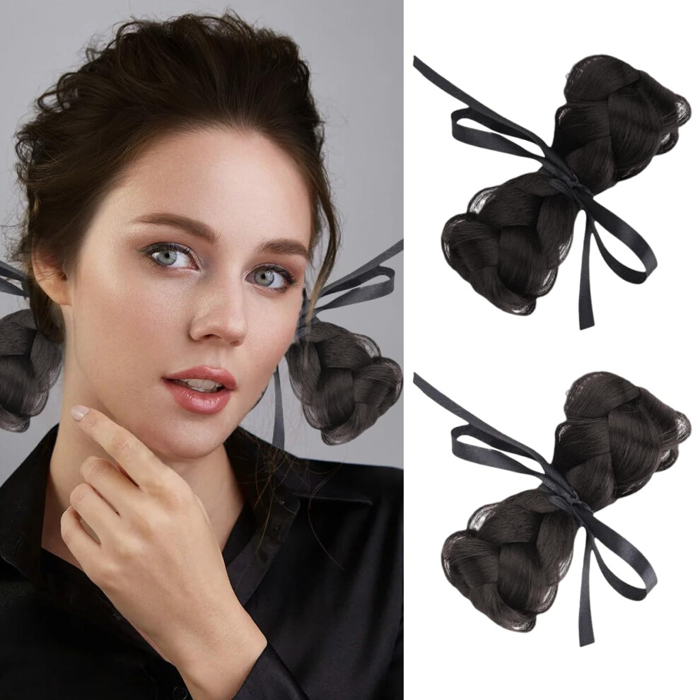 Unisex Black,Brown 2 Pcs Brown Black Space Bun Hair Extensions With Braided Bow, Synthetic Clip On Buns For Ponytail