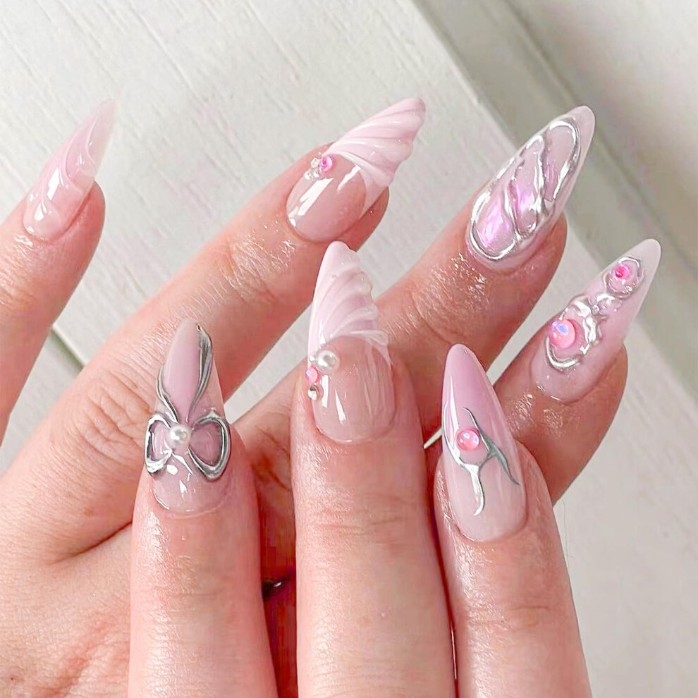 Pink Press On Nails With 3D Pearls And Silver Bows, Almond Shape French Tip Acrylic False Nails 24Pcs