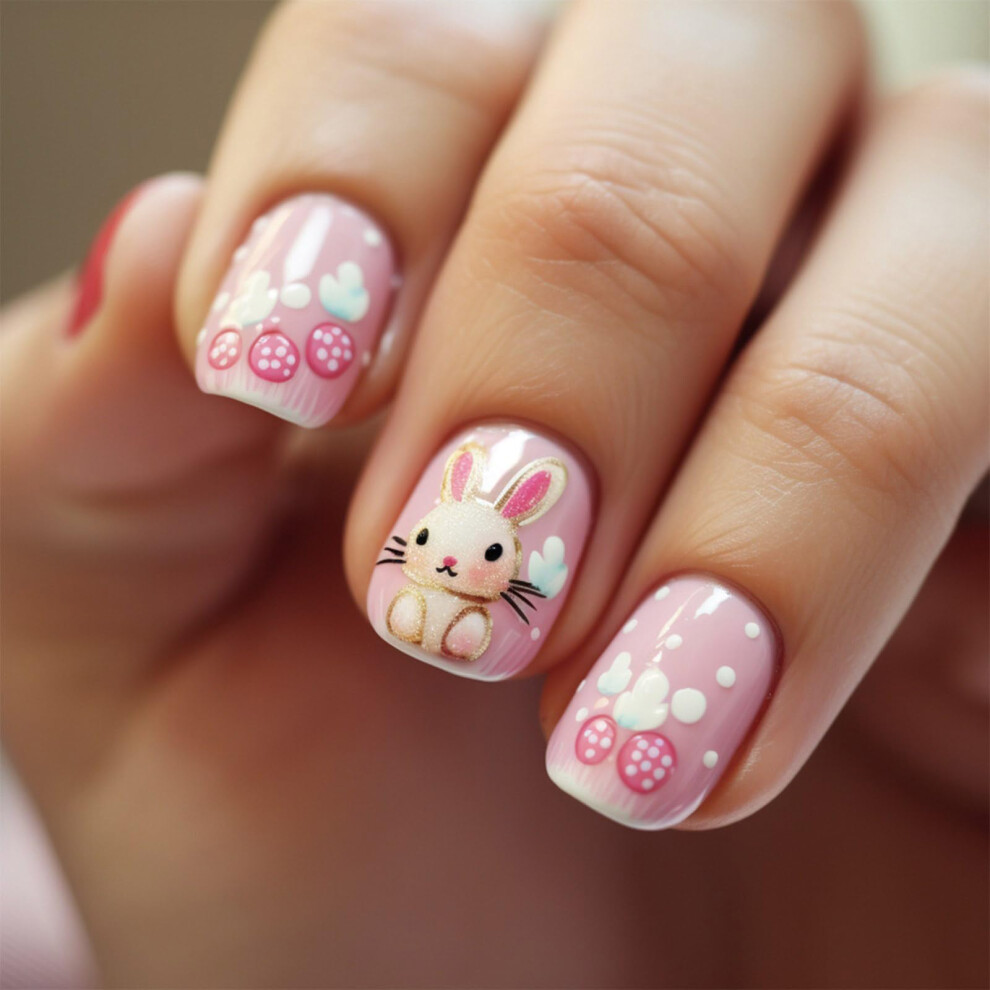 24pcs Short Square Press On Nails with Easter Rabbit Design, Cute Full Cover Fake Nails Set