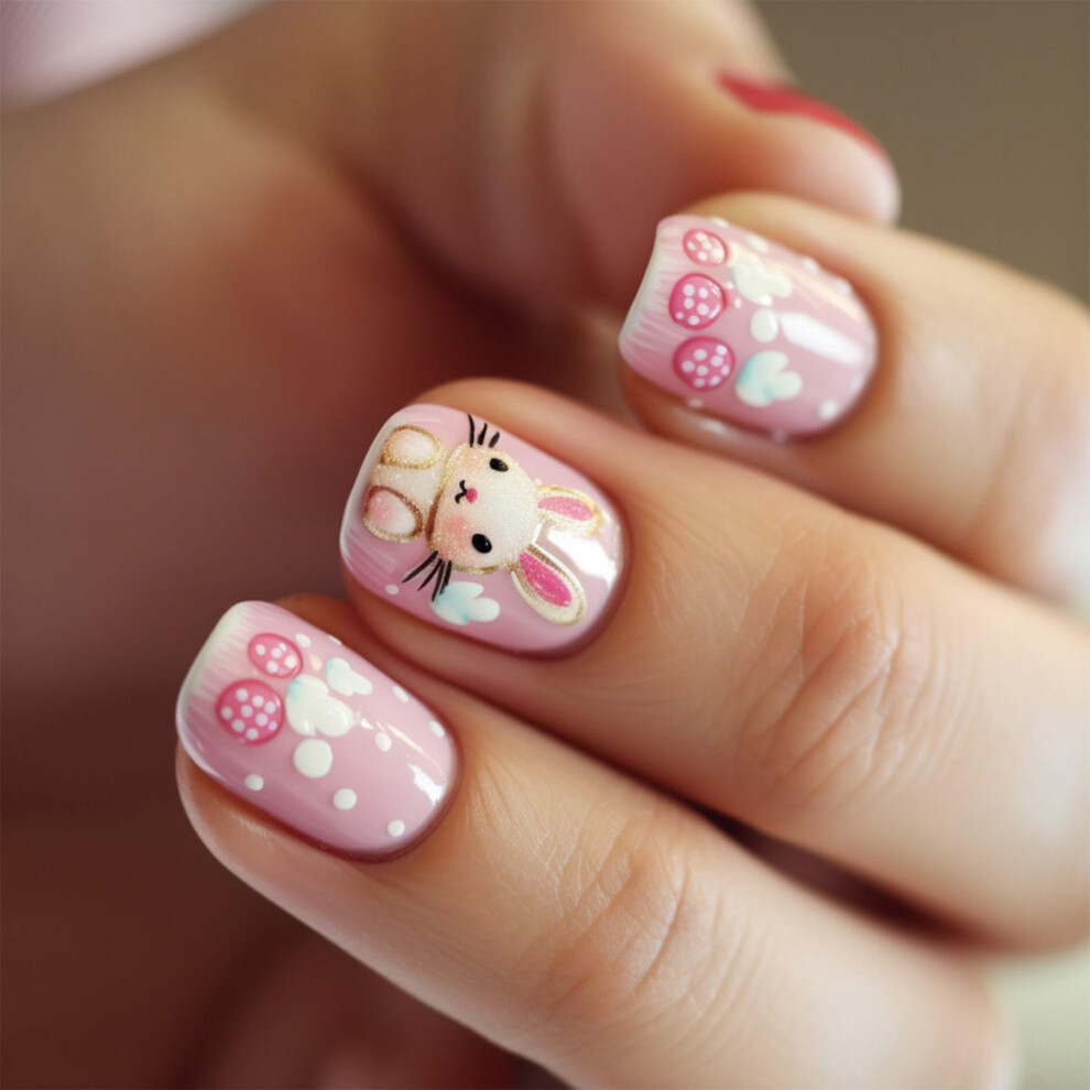 24pcs Short Square Press On Nails Easter Rabbit Design Fake Nails Easy StickOn Natural Fit
