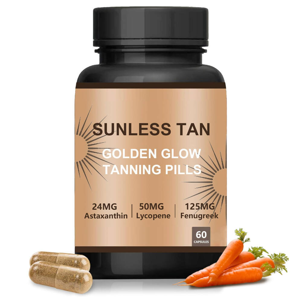 Golden Tanning Pills With Carotenoids For Natural Glow, Sunless Tanning Supplement, 60 Capsules