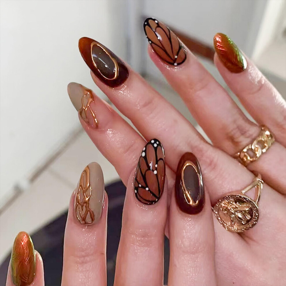 3D Butterfly Press On Nails Almond Shape Acrylic French Tips Reusable Salon Quality Manicure