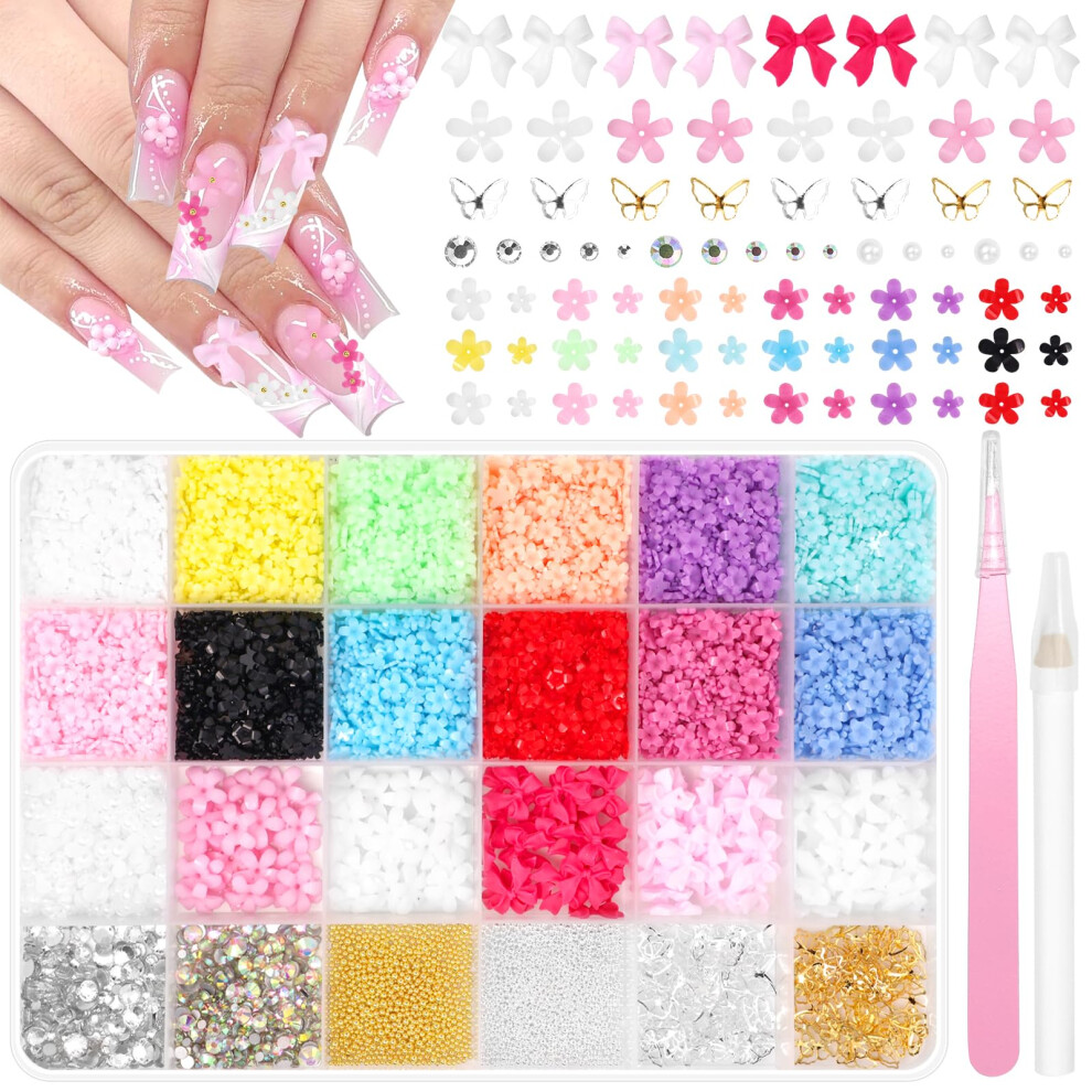 3D Flower Nail Charms with Rhinestones, Mixed Size Blossom Gems for Acrylic and Gel Nail Art