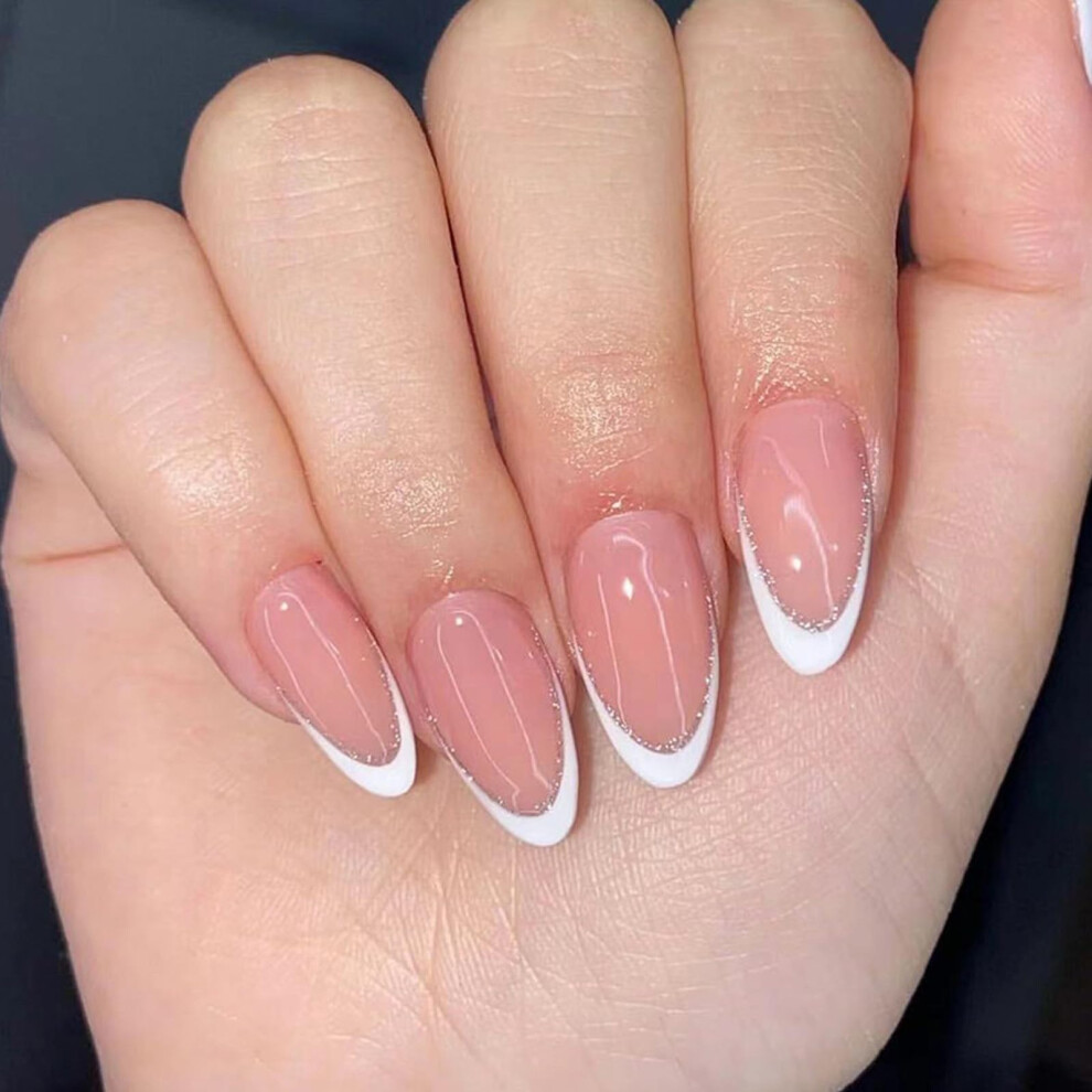 Almond Press On Nails Glossy French Tip Fake Nails Set 24pcs Salon Quality for Nail Art