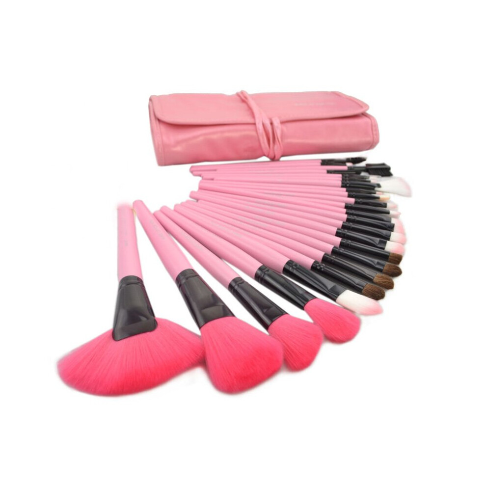 Pink 24 Piece Professional Makeup Brush Set With Soft Goat Hair Bristles And Leather Case