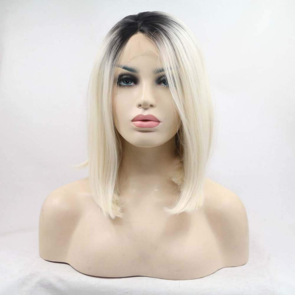 Unisex Dark Synthetic Lace Front Wig Ombre Blonde Bob With Roots, 14 Inch Straight Heat Resistant Fiber