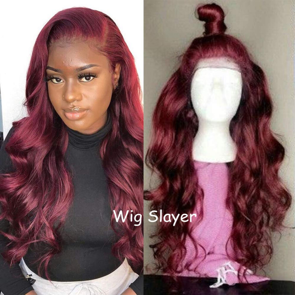 14 Inch 99J Burgundy Brazilian Body Wave Lace Front Human Hair Wig PrePlucked 130% Density
