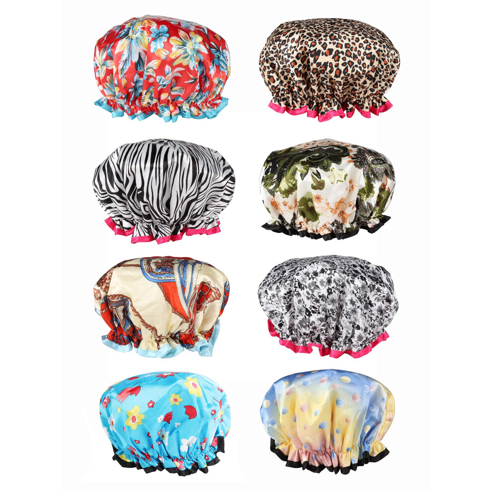 8 Pack Shower Caps for Women Waterproof Reusable Double Layer Bath Hair Cap Set
