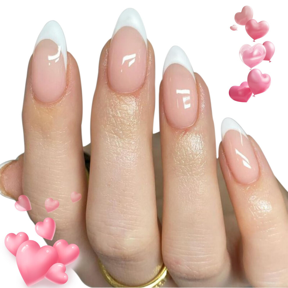 Short Almond French Tip Press On Nails Kit with Glue and Adhesive Tabs, 24 Reusable Fake Nails
