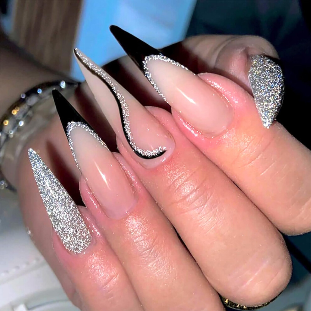 24PCS Long Stiletto Press on Nails Silver Glitter French Tip Fake Nails Reusable Acrylic Set