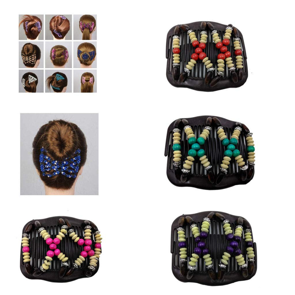 Hair Bun Maker Magic Double Comb Clips for French Twist Secure Hold Handmade with Wooden Beads