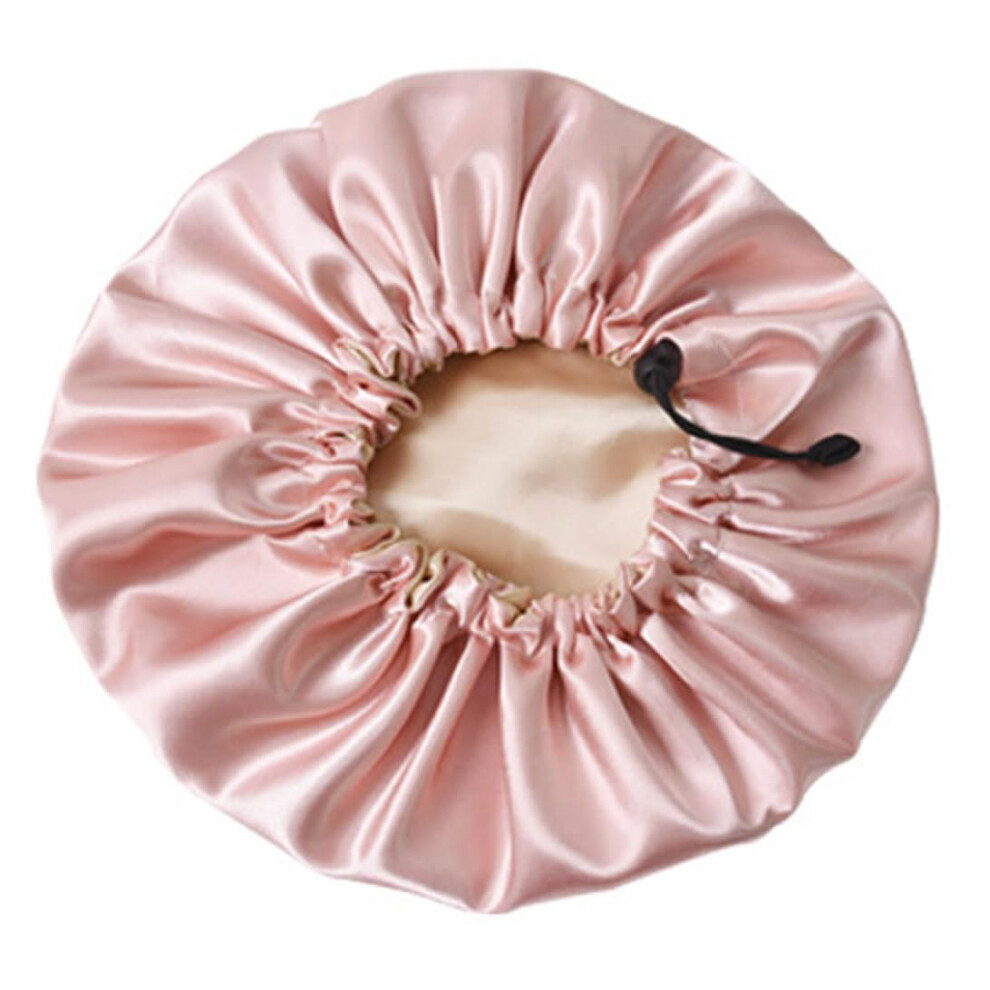 Satin Shower Cap Pink with Adjustable Elastic Fit, Double Layer Silk Hair Bonnet for Sleeping