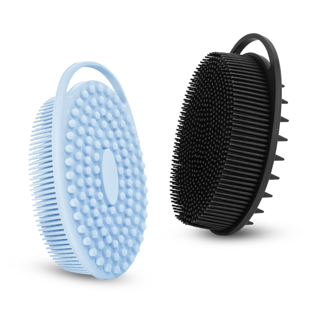 2pcs Silicone Body Scrubber for Sensitive Skin, DualSided Bath Brush with Massage Bristles, Blue and Black