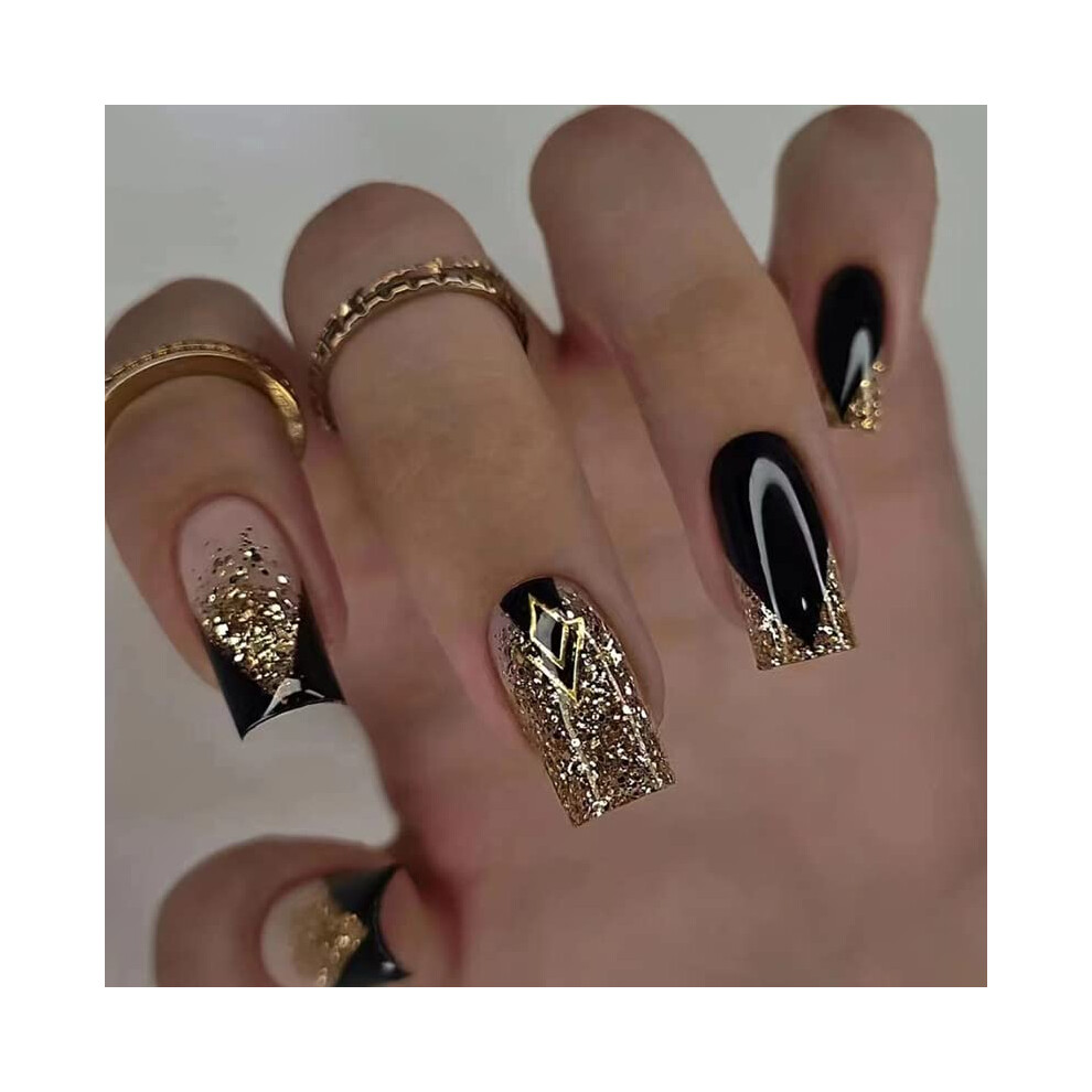Black,Gold Black Gold Glitter Press On Nails Short Square Acrylic Fake Nails 24Pcs Reusable Salonquality Finish