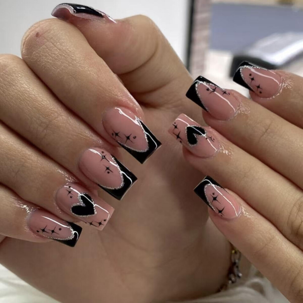 Black Heart French Tip Press On Nails Medium Coffin Glitter Fake Nails For Women With Glue