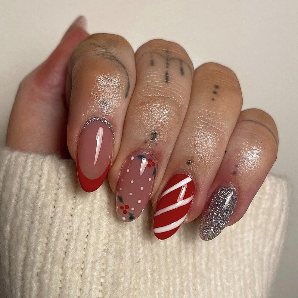 Silver Glitter Press On Nails Set, Medium Almond False Nails For Christmas, Salonquality, 24Pcs