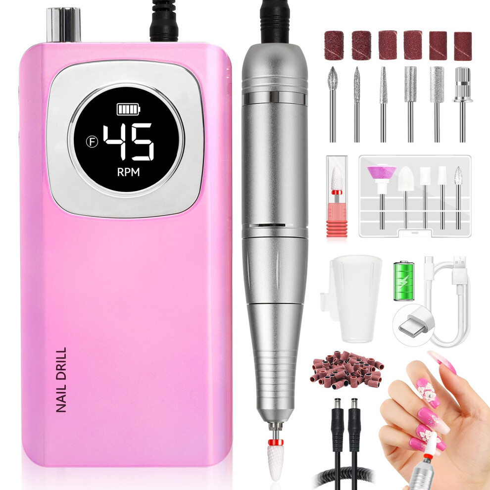 Electric Nail Drill 45000RPM Speed Rechargeable Nail File for Acrylic Nails with Bit Set