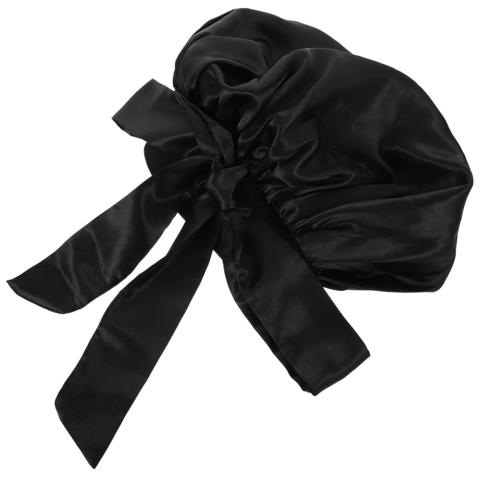 Black Large Satin Shower Cap For Women With Bow, Reusable Silk Hair Bonnet, Adjustable And Comfortable