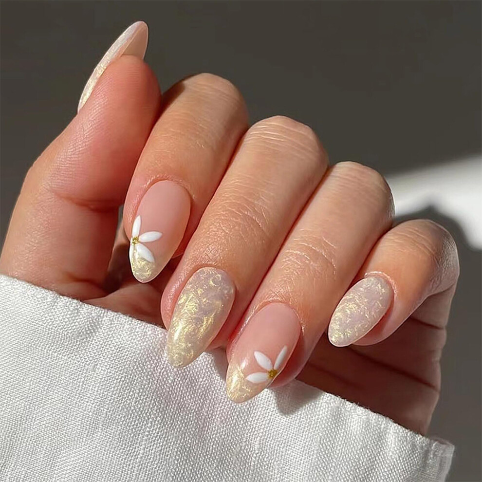 Gold Medium Press On Nails Set Almond Shape Fake Acrylic Nails With Glue 24Pcs Salonquality