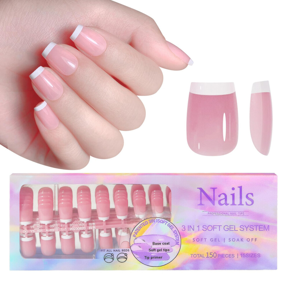 Soft Gel French Tip Press On Nails 14 Sizes 3 in 1 X Coat with Preapplied Primer and Base Coat