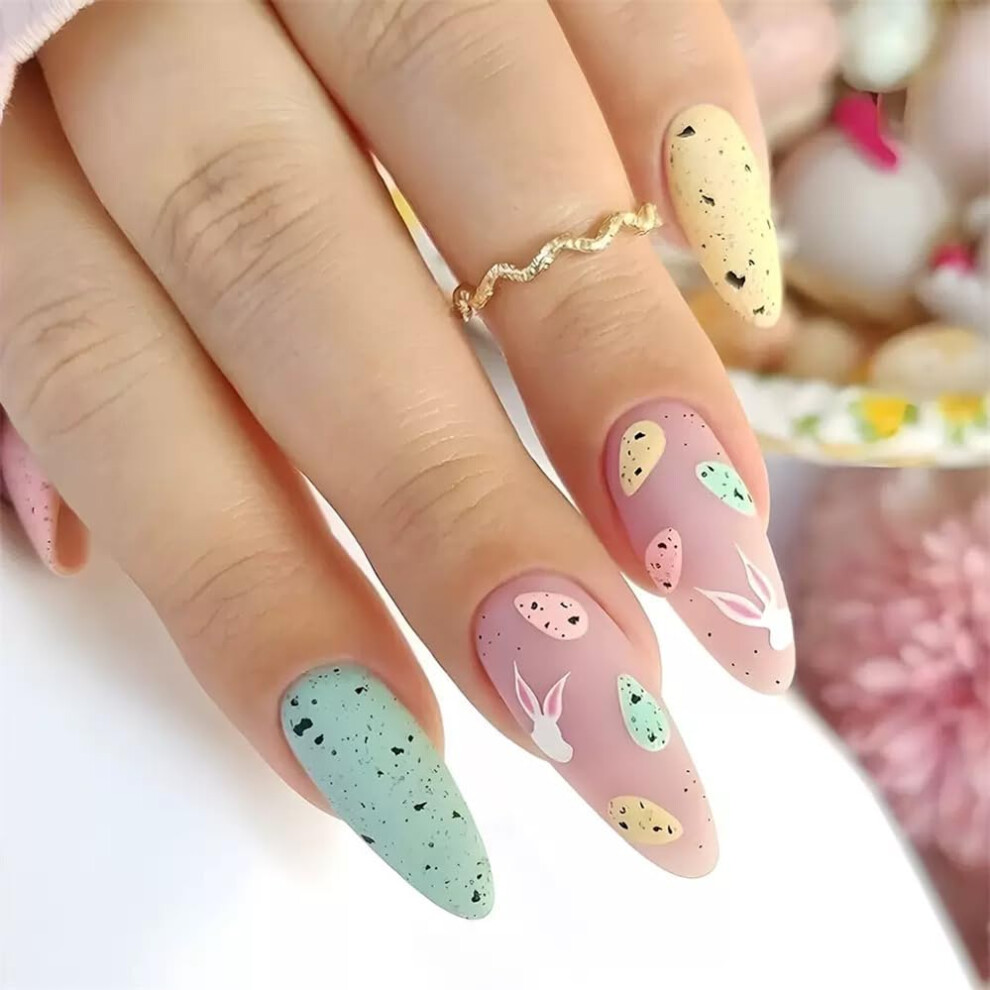 Easter Almond Medium Press On Nails, 24Pcs Matte Colorful Fake Nails with Bunny and Egg Designs, Full Manicure Kit