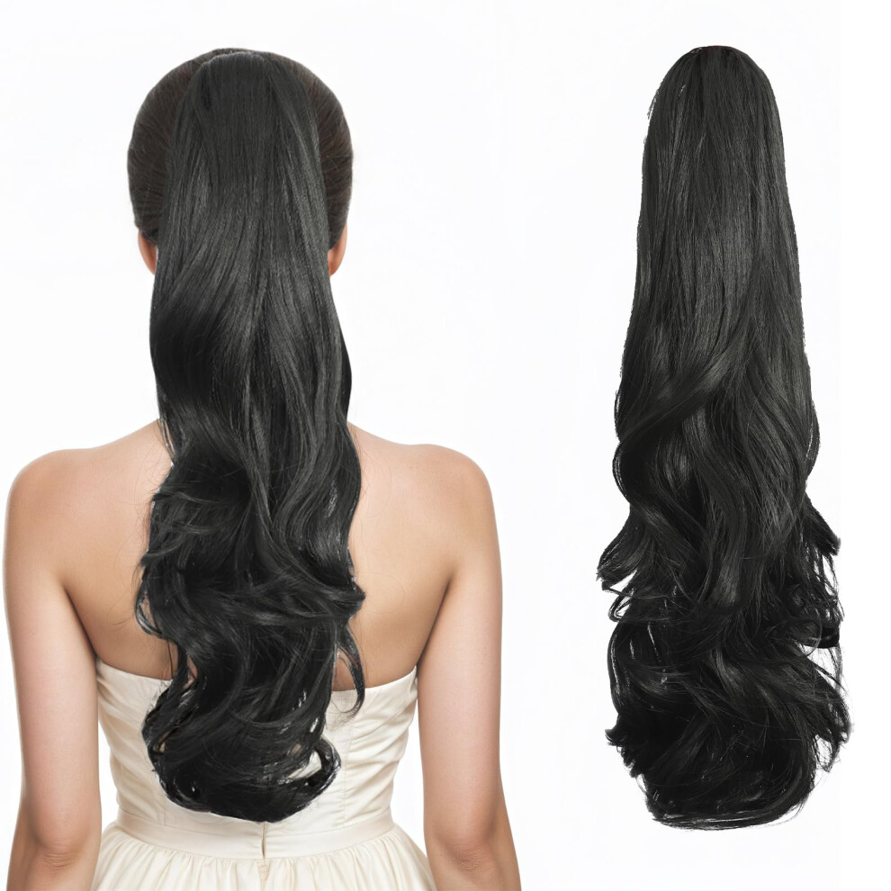 Unisex Black 22 Inch Jet Claw Clip Ponytail Hair Extension Curly Wavy Synthetic Hairpiece For Women