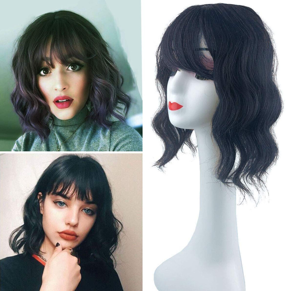Hair Topper Silk Base with Bangs Water Wave Clip in Hairpiece Human Hair Blend 45cm Dark Brown